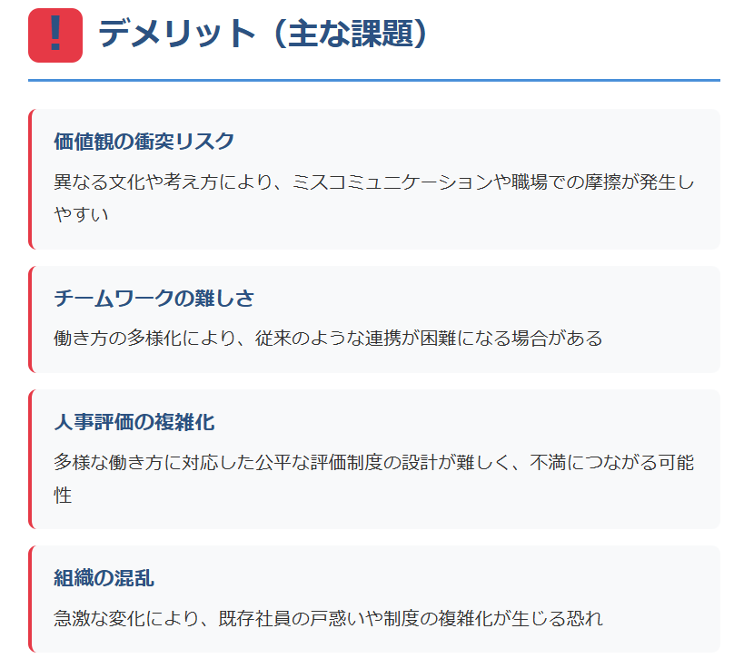 ダイバーシティ(多様な人材雇用)のデメリット(主な課題)
