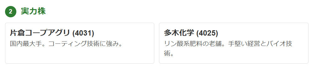肥料関連実力株（高い専門性と安定したシェア）
