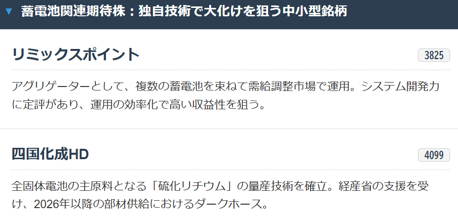 蓄電池関連期待株:独自技術で大化けを狙う中小型銘柄